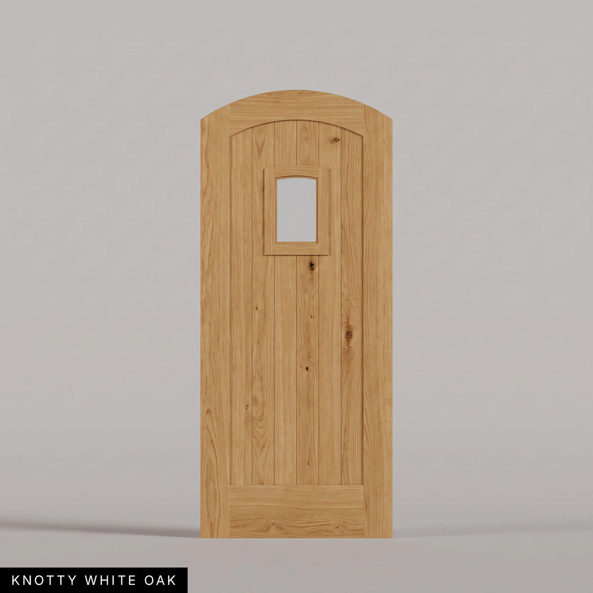 Modena arched door in Knotty White Oak, with vertical wood planks and a small arched-top window. Labeled wood species view.
