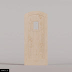 Modena arched door in Maple, with vertical wood planks and a small arched-top window. Labeled wood species view.