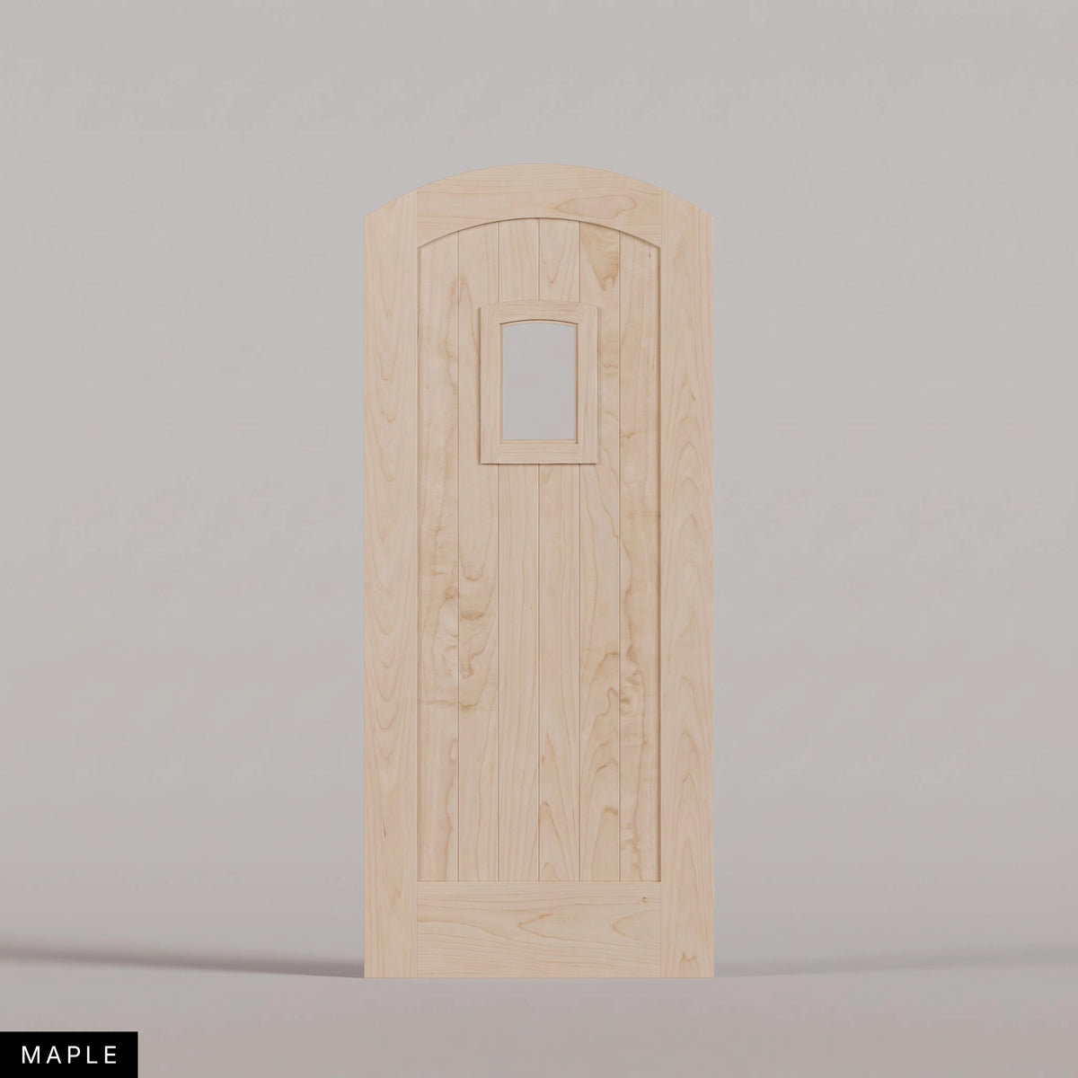 Modena arched door in Maple, with vertical wood planks and a small arched-top window. Labeled wood species view.