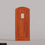 Modena arched door in Padauk, with vertical wood planks and a small arched-top window. Labeled wood species view.