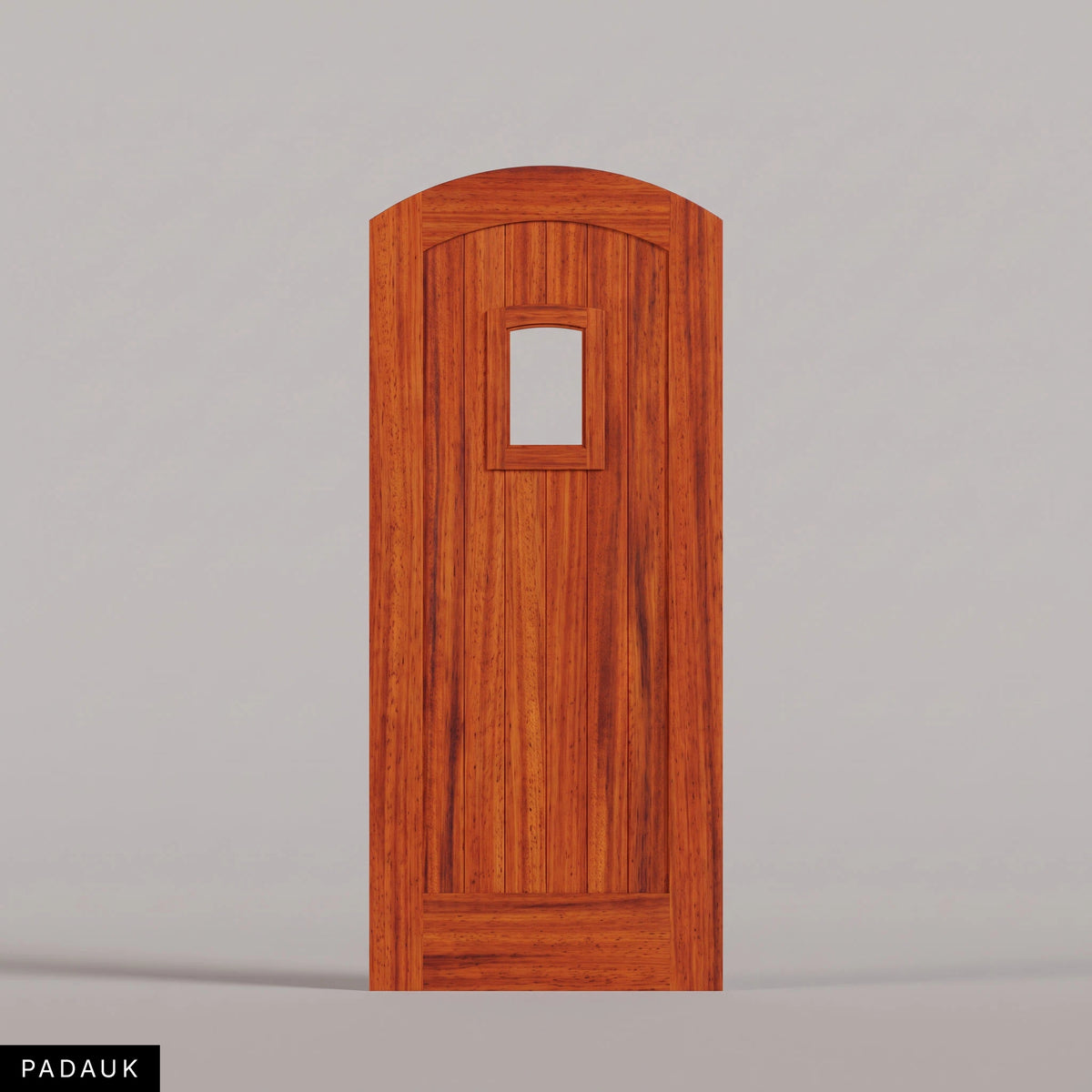 Modena arched door in Padauk, with vertical wood planks and a small arched-top window. Labeled wood species view.