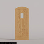 Modena arched door in Plain Sawn White Oak, with vertical wood planks and a small arched-top window. Labeled wood species view.