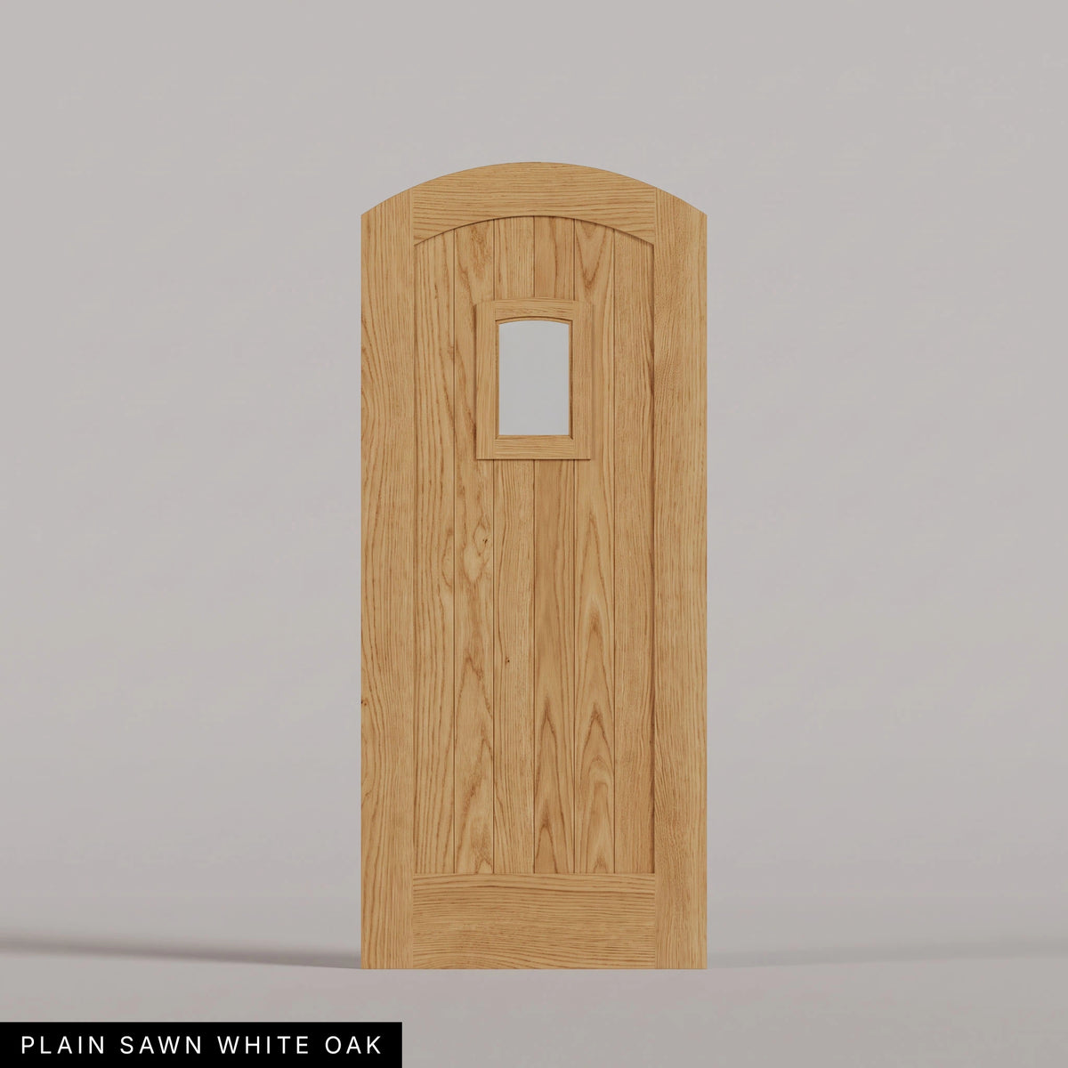 Modena arched door in Plain Sawn White Oak, with vertical wood planks and a small arched-top window. Labeled wood species view.