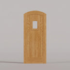 Modena arched door in Quarter Sawn White Oak, with vertical wood planks and a small arched-top window.