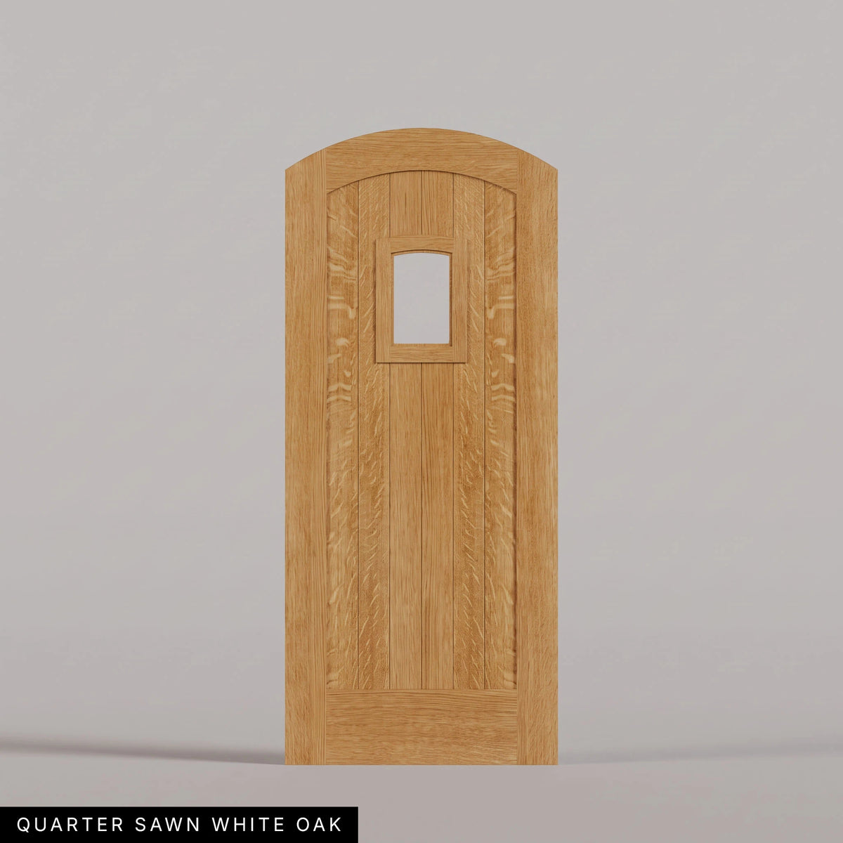 Modena arched door in Quarter Sawn White Oak, with vertical wood planks and a small arched-top window. Labeled wood species view.