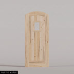 Modena arched door in Rustic Maple, with vertical wood planks and a small arched-top window. Labeled wood species view.