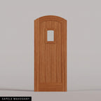 Modena arched door in Sapele Mahogany, with vertical wood planks and a small arched-top window. Labeled wood species view.