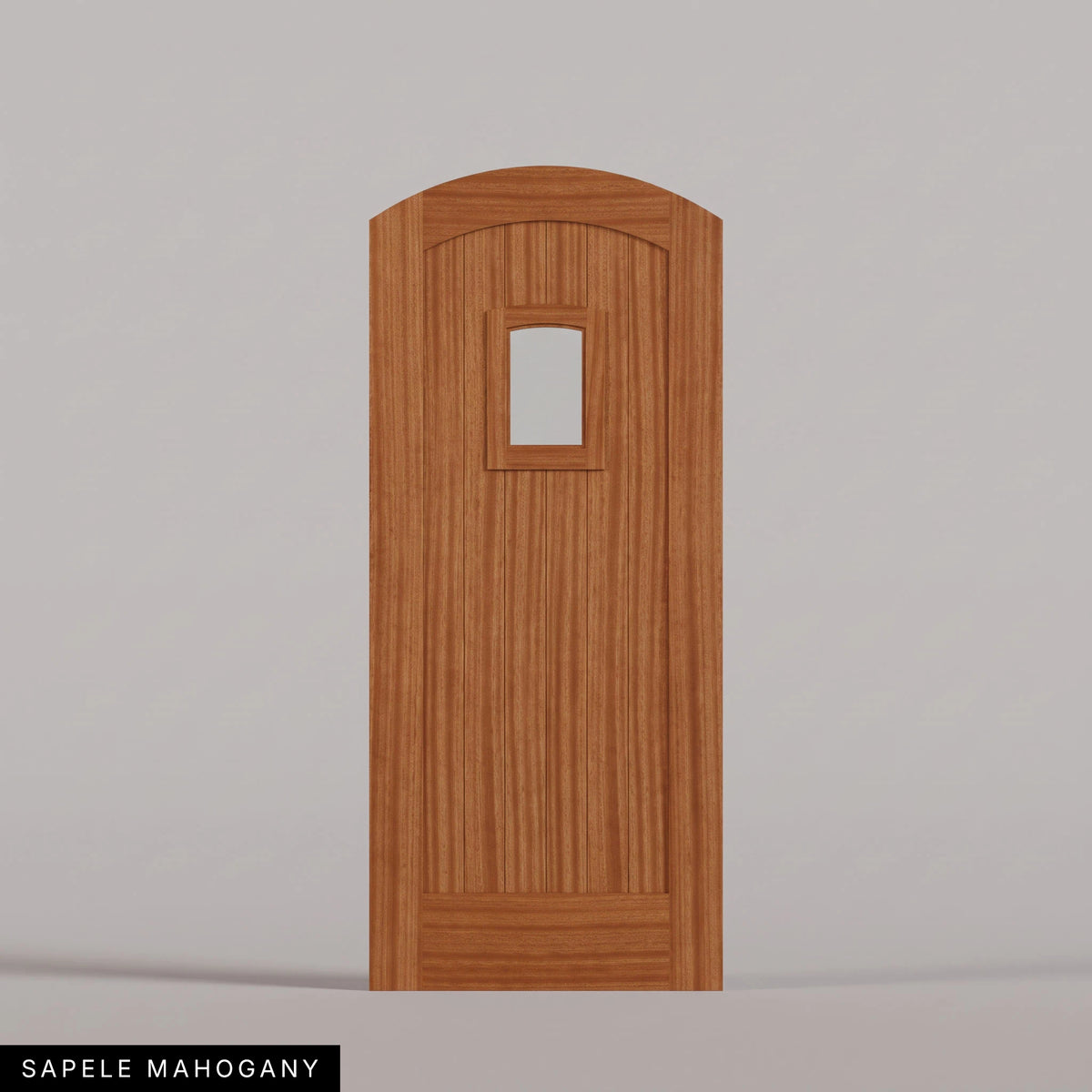 Modena arched door in Sapele Mahogany, with vertical wood planks and a small arched-top window. Labeled wood species view.