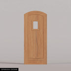 Modena arched door in Spanish Cedar, with vertical wood planks and a small arched-top window. Labeled wood species view.