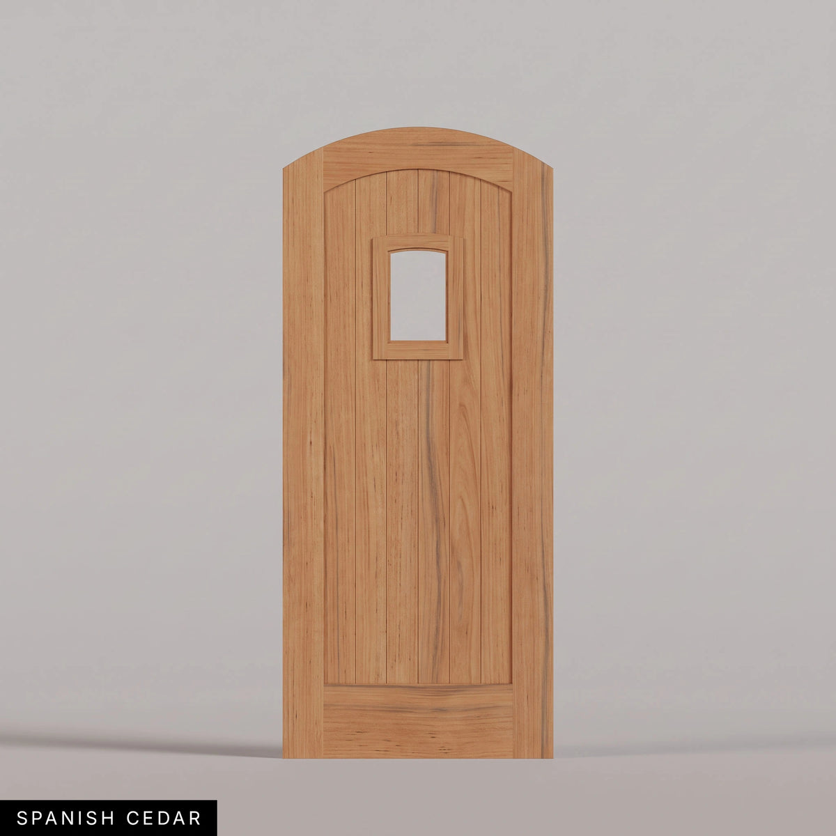 Modena arched door in Spanish Cedar, with vertical wood planks and a small arched-top window. Labeled wood species view.