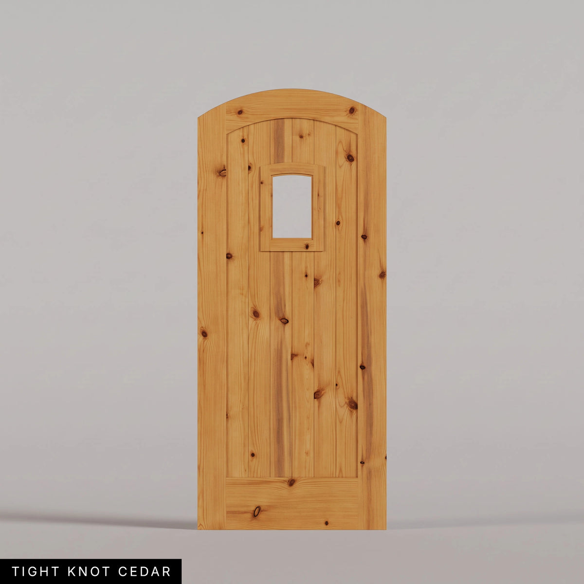 Modena arched door in Tight Knot Cedar, with vertical wood planks and a small arched-top window. Labeled wood species view.