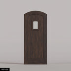 Modena arched door in Wenge, with vertical wood planks and a small arched-top window. Labeled wood species view.