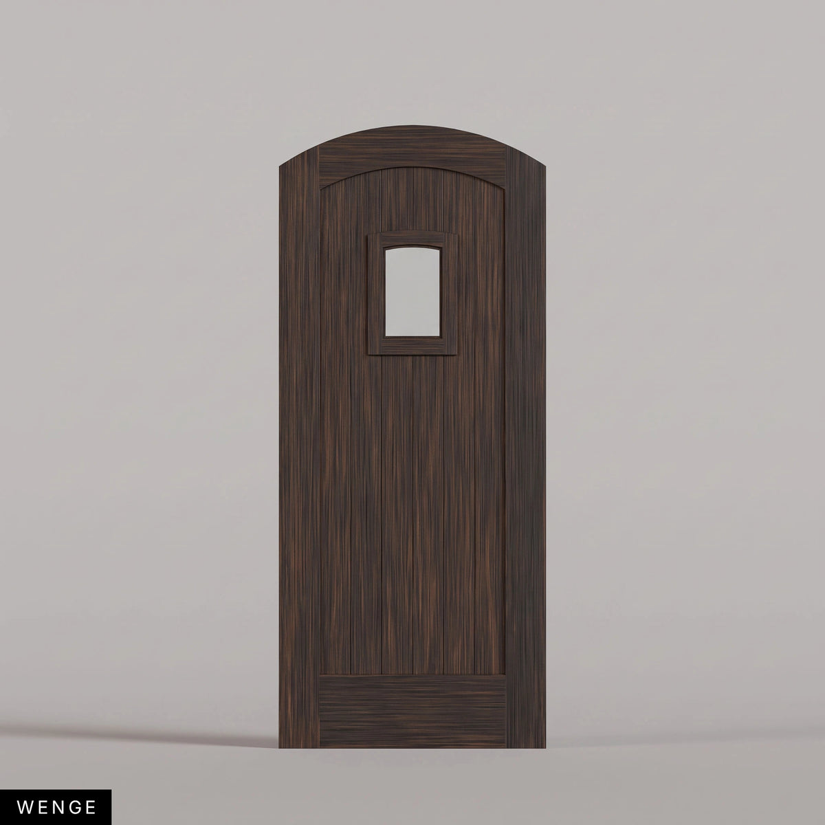Modena arched door in Wenge, with vertical wood planks and a small arched-top window. Labeled wood species view.