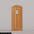 Modena arched door in Western Red Cedar, with vertical wood planks and a small arched-top window. Labeled wood species view.