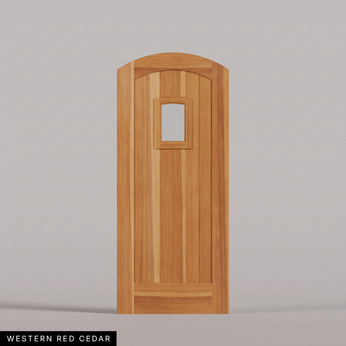 Modena arched door in Western Red Cedar, with vertical wood planks and a small arched-top window. Labeled wood species view.