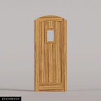 Modena arched door in Zebrawood, with vertical wood planks and a small arched-top window. Labeled wood species view.