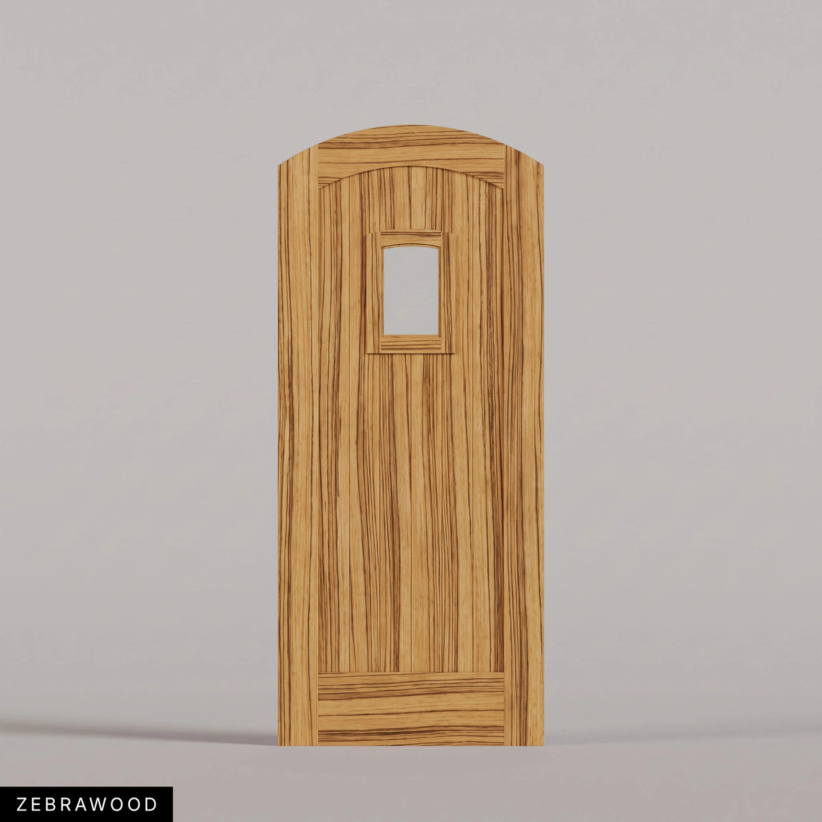 Modena arched door in Zebrawood, with vertical wood planks and a small arched-top window. Labeled wood species view.