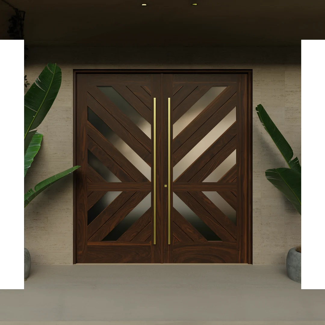 Modern Solid Wood Double entry door with diagonal glasses.