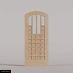 Murano arched door in Accoya, with four upper glass panels and a grid of wood panels. Labeled wood species view.