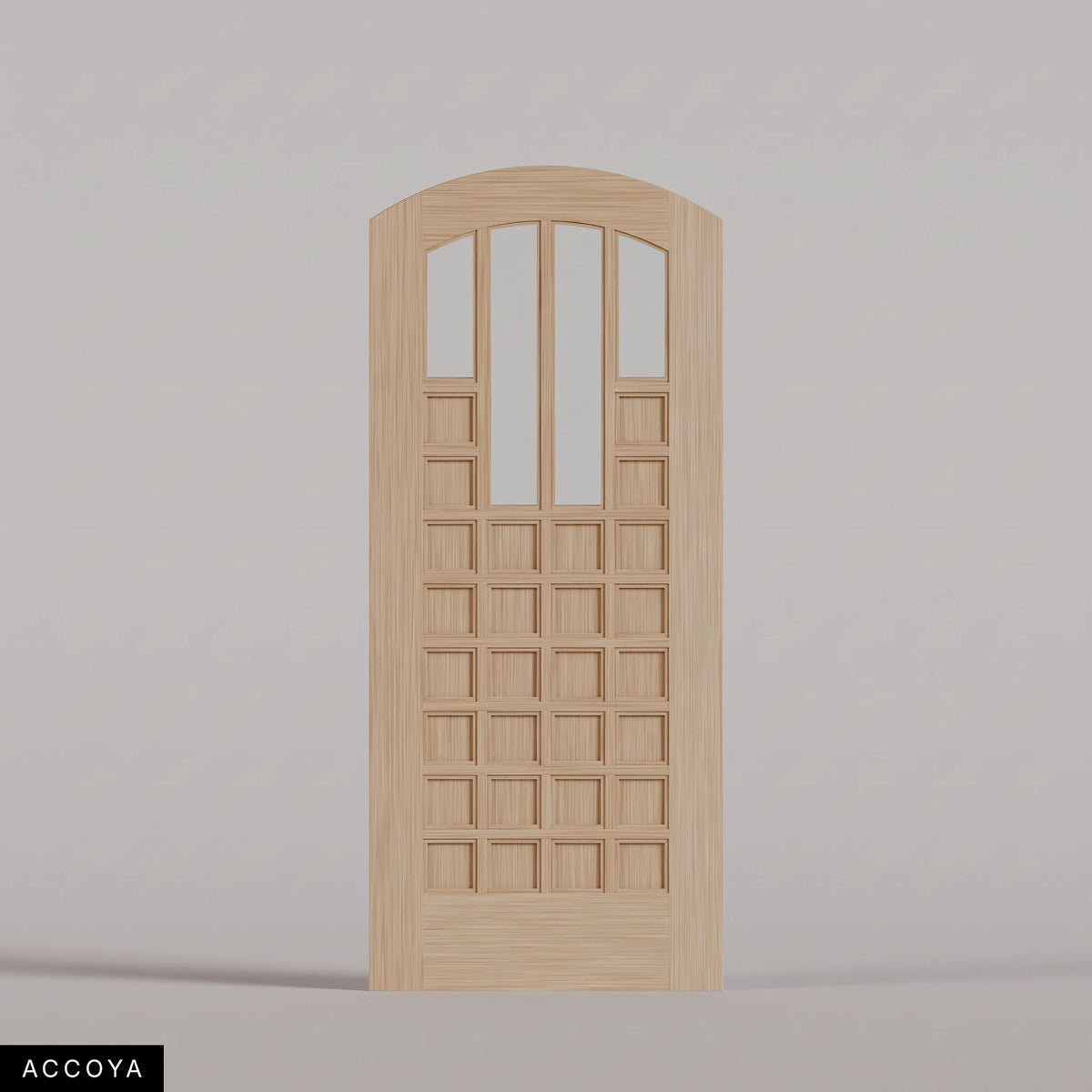 Murano arched door in Accoya, with four upper glass panels and a grid of wood panels. Labeled wood species view.