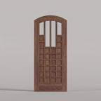 Murano arched door in Black Walnut, with four upper glass panels and a grid of wood panels.