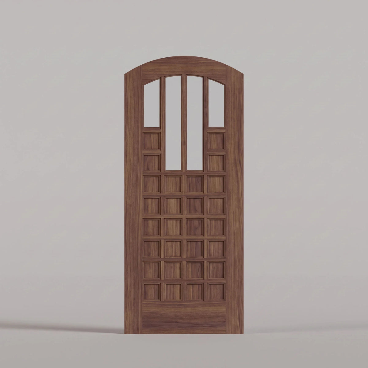Murano arched door in Black Walnut, with four upper glass panels and a grid of wood panels.