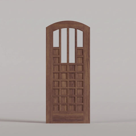 Murano arched door in Black Walnut, with four upper glass panels and a grid of wood panels.