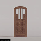 Murano arched door in Black Walnut, with four upper glass panels and a grid of wood panels. Labeled wood species view.