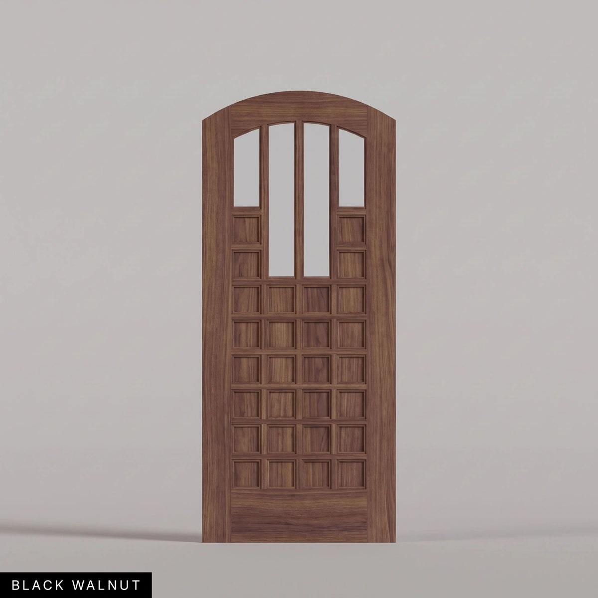 Murano arched door in Black Walnut, with four upper glass panels and a grid of wood panels. Labeled wood species view.