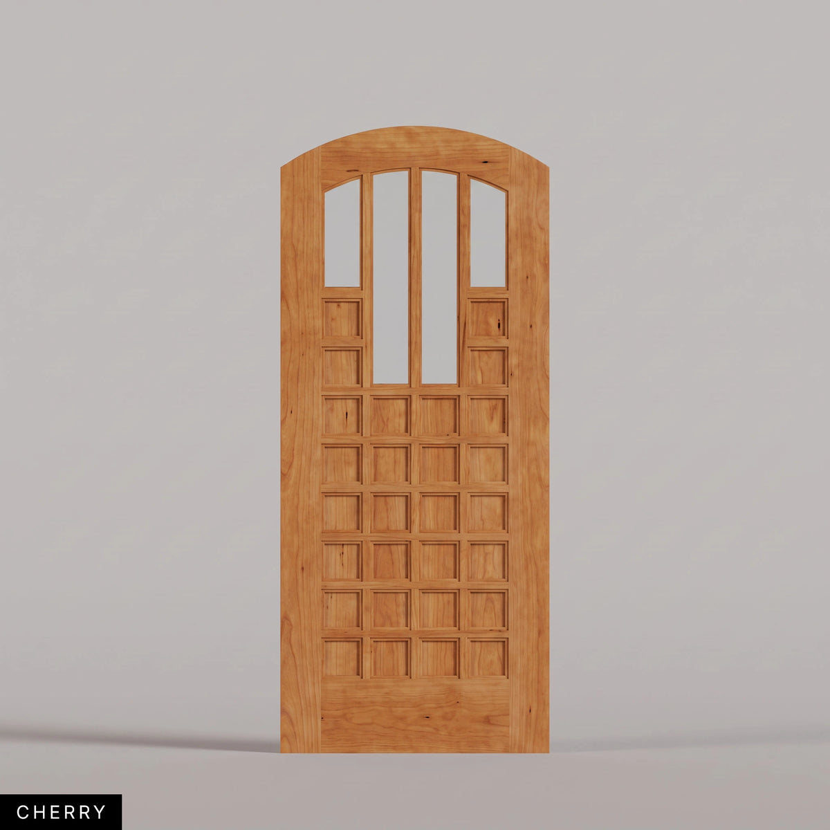 Murano arched door in Cherry, with four upper glass panels and a grid of wood panels. Labeled wood species view.