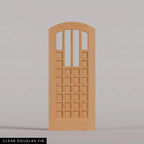 Murano arched door in Clear Douglas Fir, with four upper glass panels and a grid of wood panels. Labeled wood species view.
