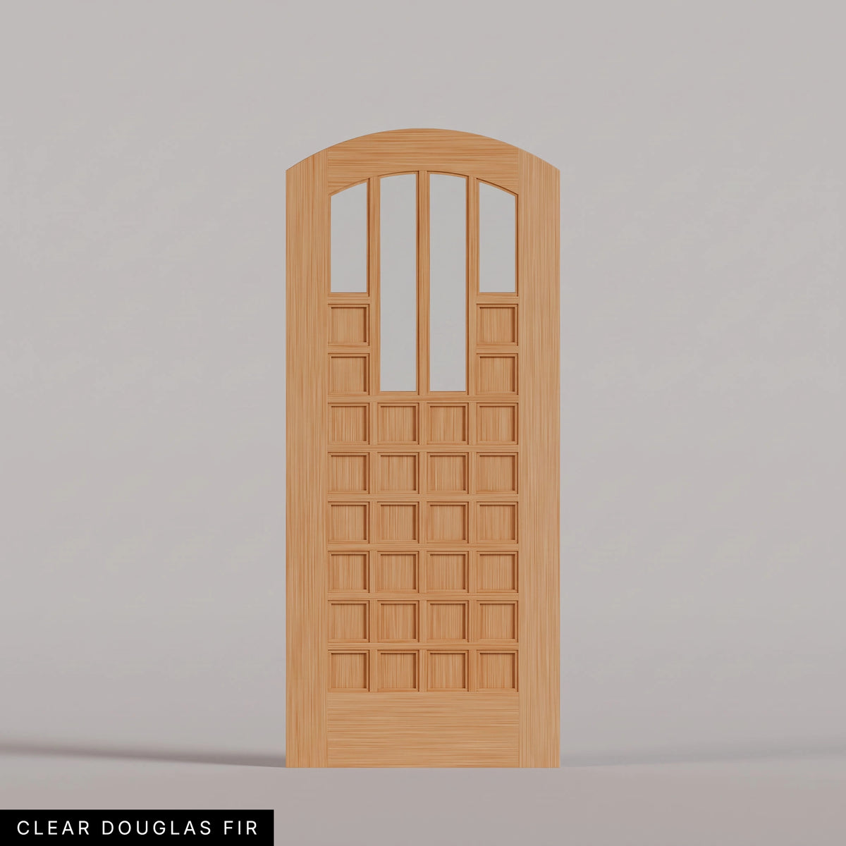 Murano arched door in Clear Douglas Fir, with four upper glass panels and a grid of wood panels. Labeled wood species view.
