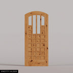 Murano arched door in Knotty Alder, with four upper glass panels and a grid of wood panels. Labeled wood species view.