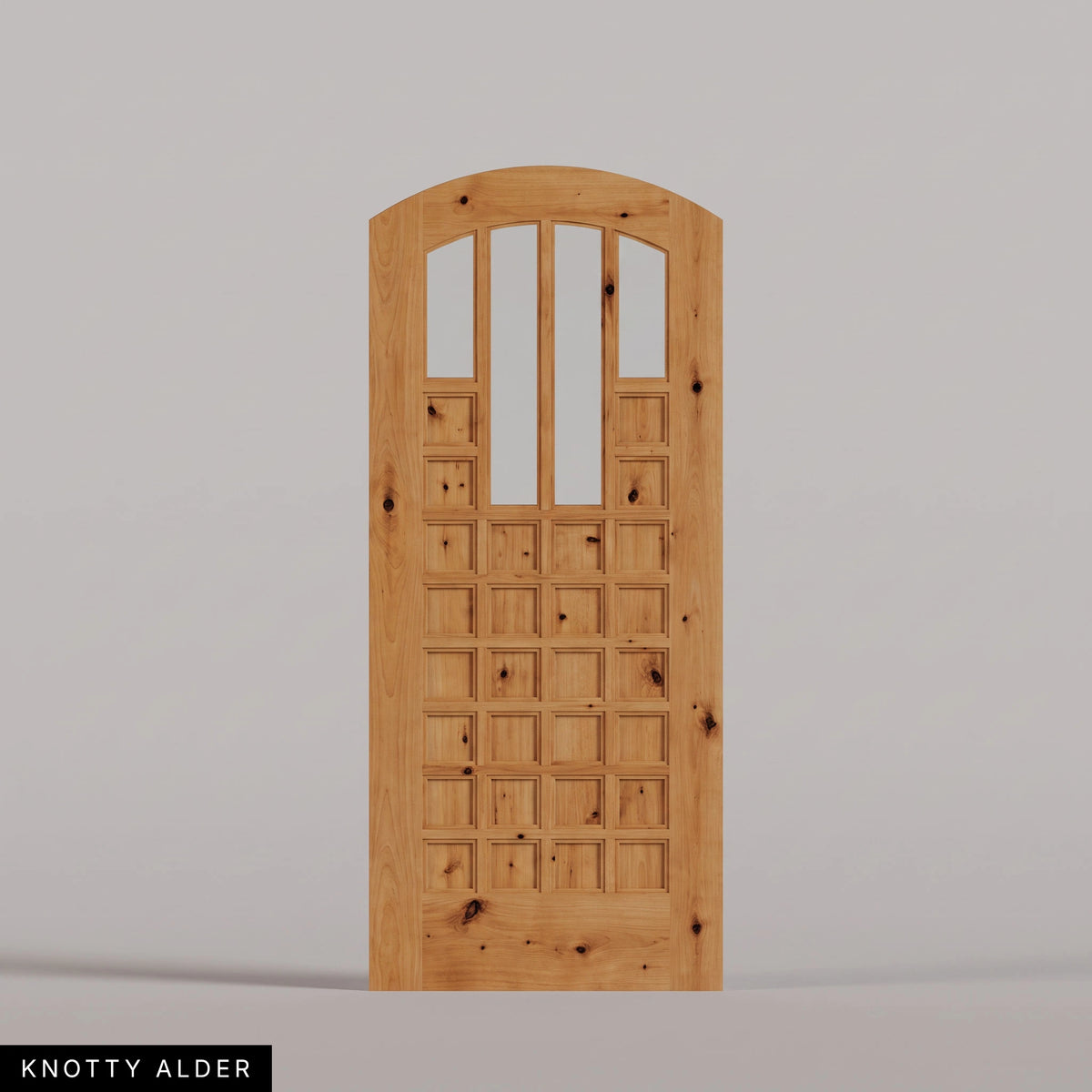 Murano arched door in Knotty Alder, with four upper glass panels and a grid of wood panels. Labeled wood species view.
