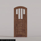 Murano arched door in Knotty Black Walnut, with four upper glass panels and a grid of wood panels. Labeled wood species view.