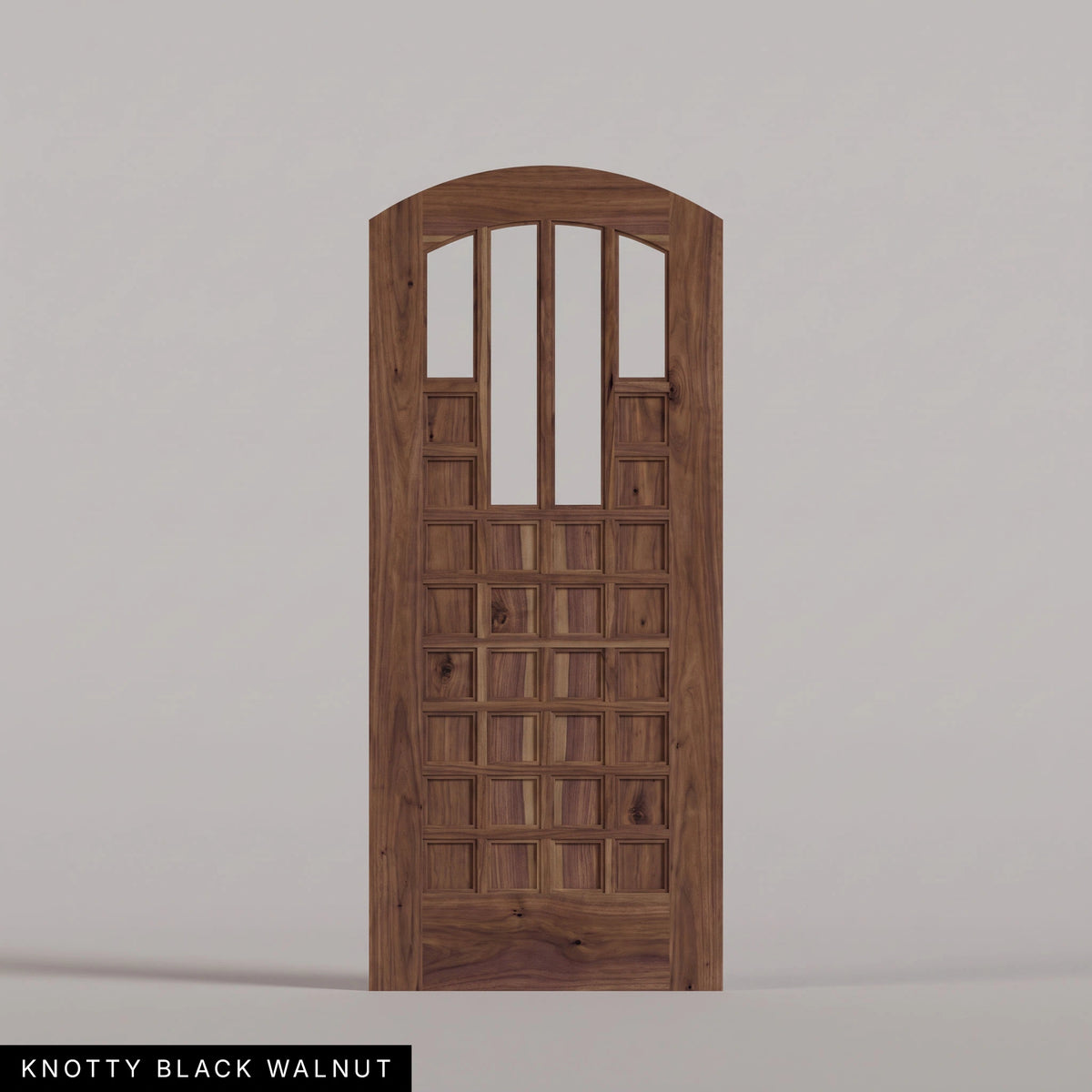 Murano arched door in Knotty Black Walnut, with four upper glass panels and a grid of wood panels. Labeled wood species view.