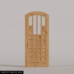Murano arched door in Knotty White Oak, with four upper glass panels and a grid of wood panels. Labeled wood species view.
