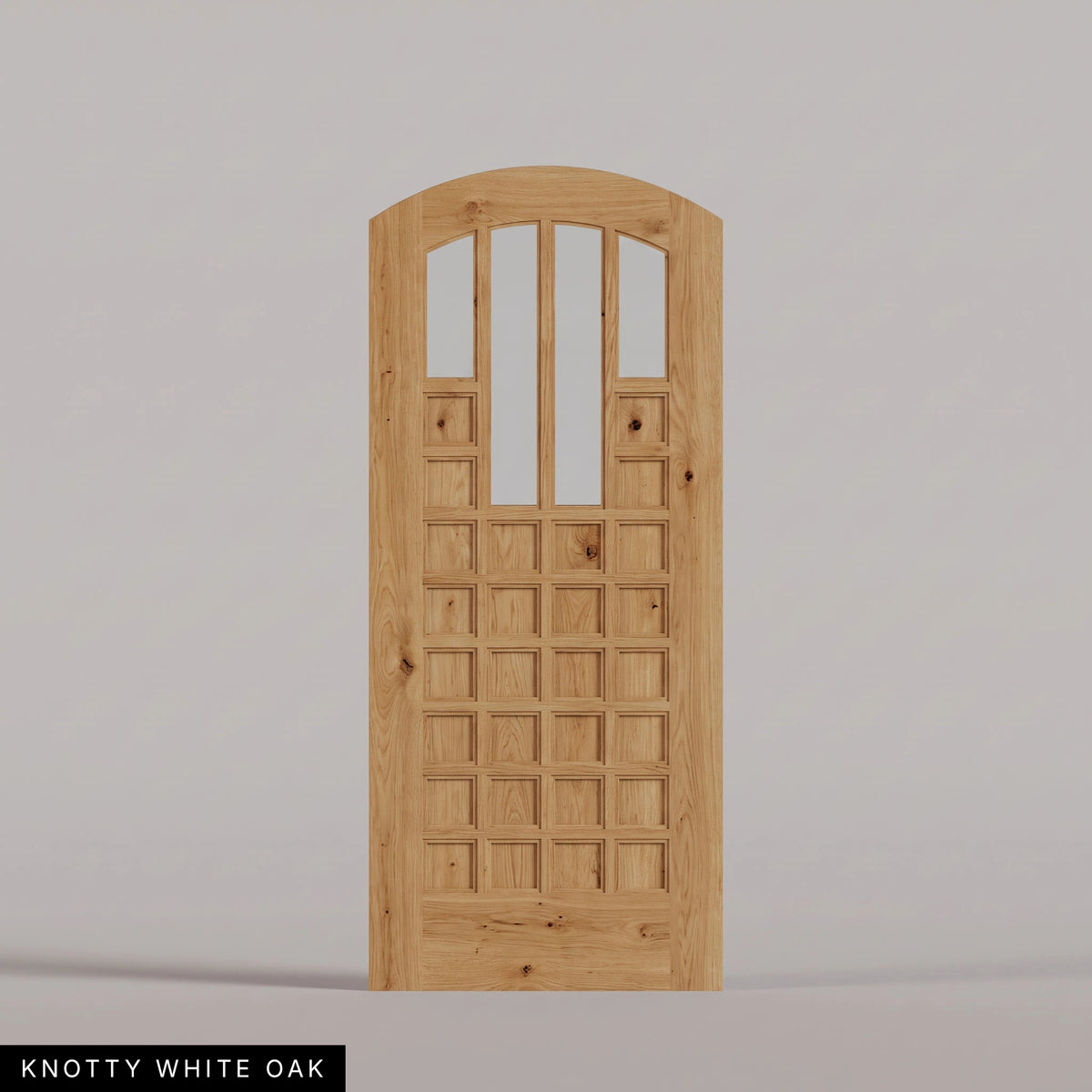 Murano arched door in Knotty White Oak, with four upper glass panels and a grid of wood panels. Labeled wood species view.