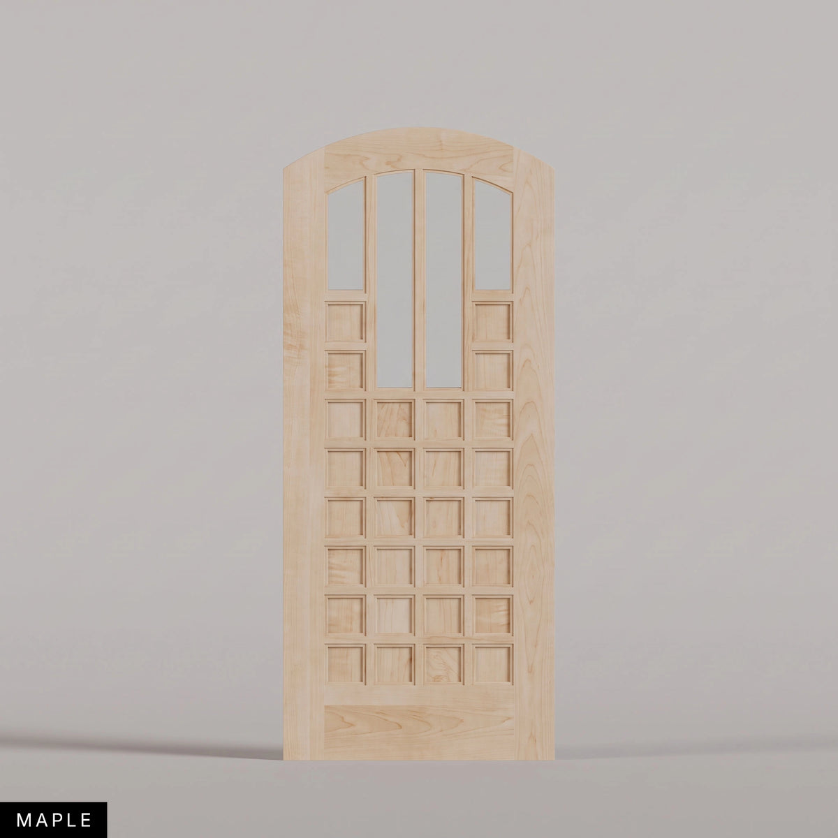 Murano arched door in Maple, with four upper glass panels and a grid of wood panels. Labeled wood species view.