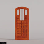 Murano arched door in Padauk, with four upper glass panels and a grid of wood panels. Labeled wood species view.