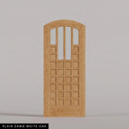 Murano arched door in Plain Sawn White Oak, with four upper glass panels and a grid of wood panels. Labeled wood species view.