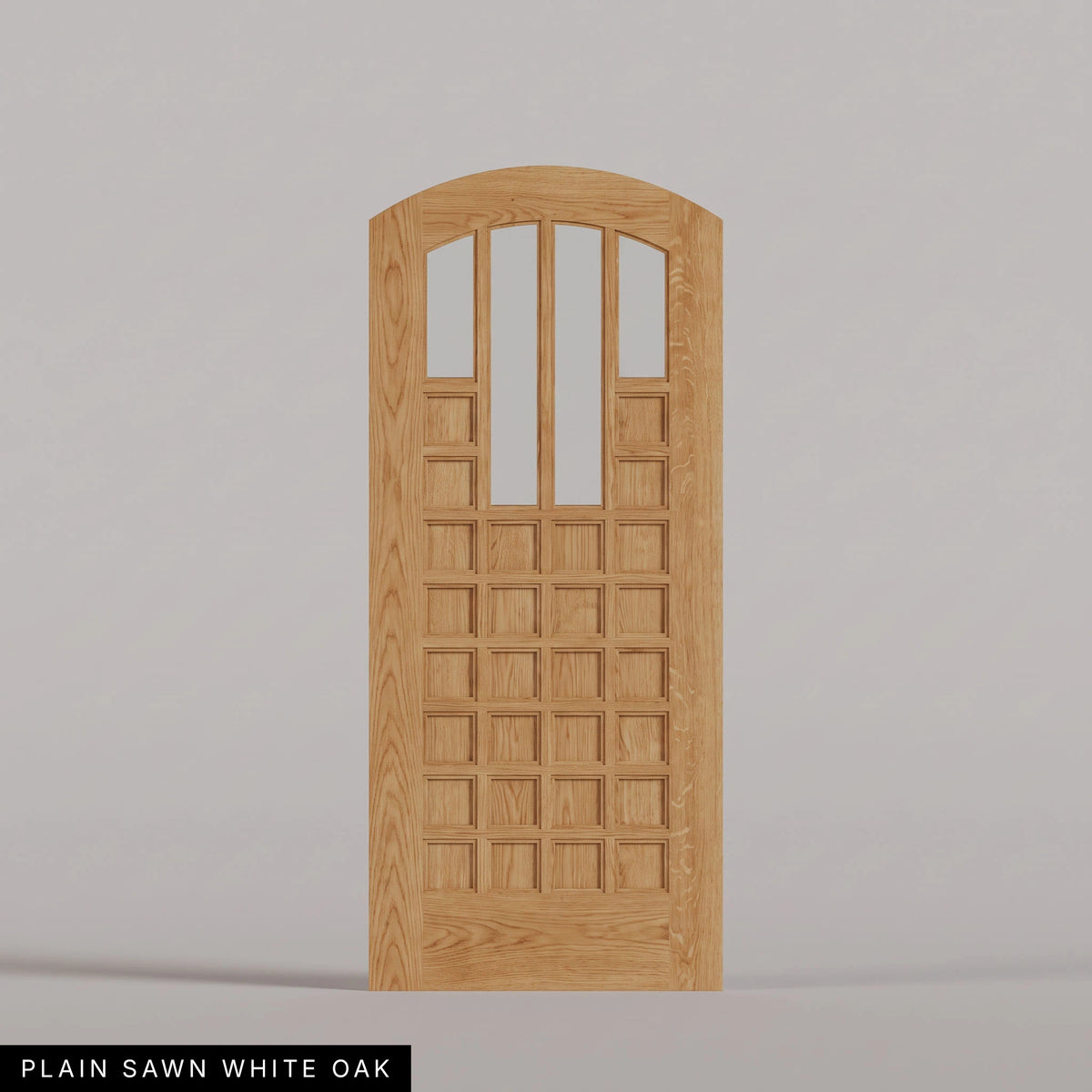 Murano arched door in Plain Sawn White Oak, with four upper glass panels and a grid of wood panels. Labeled wood species view.