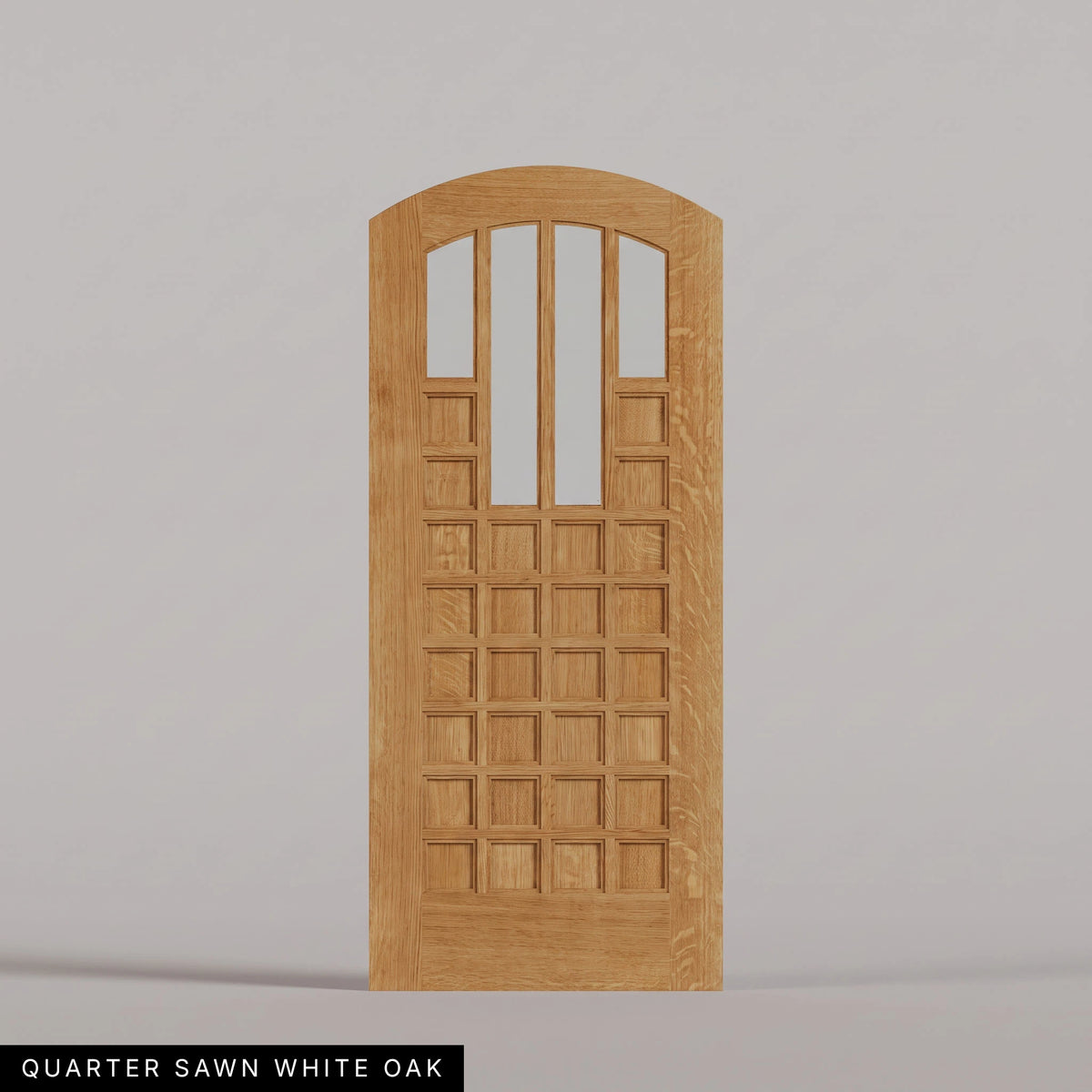Murano arched door in Quarter Sawn White Oak, with four upper glass panels and a grid of wood panels. Labeled wood species view.