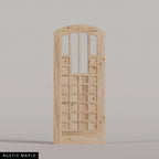 Murano arched door in Rustic Maple, with four upper glass panels and a grid of wood panels. Labeled wood species view.