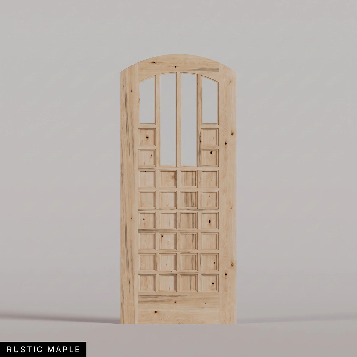 Murano arched door in Rustic Maple, with four upper glass panels and a grid of wood panels. Labeled wood species view.