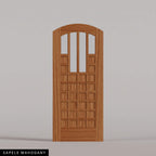 Murano arched door in Sapele Mahogany, with four upper glass panels and a grid of wood panels. Labeled wood species view.