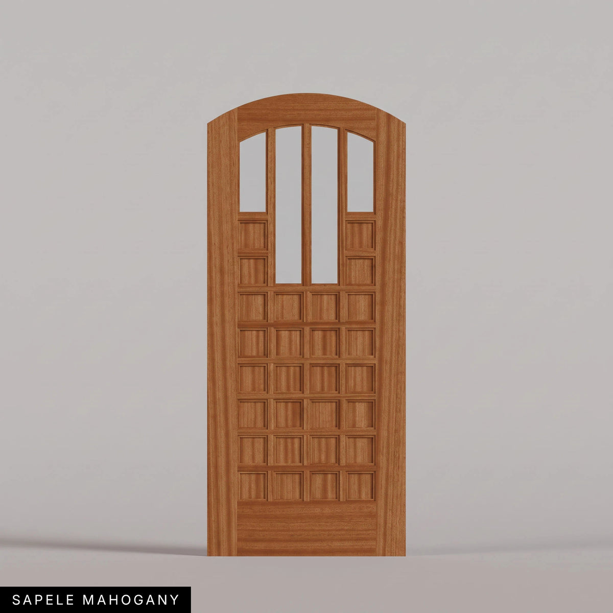Murano arched door in Sapele Mahogany, with four upper glass panels and a grid of wood panels. Labeled wood species view.