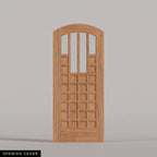 Murano arched door in Spanish Cedar, with four upper glass panels and a grid of wood panels. Labeled wood species view.