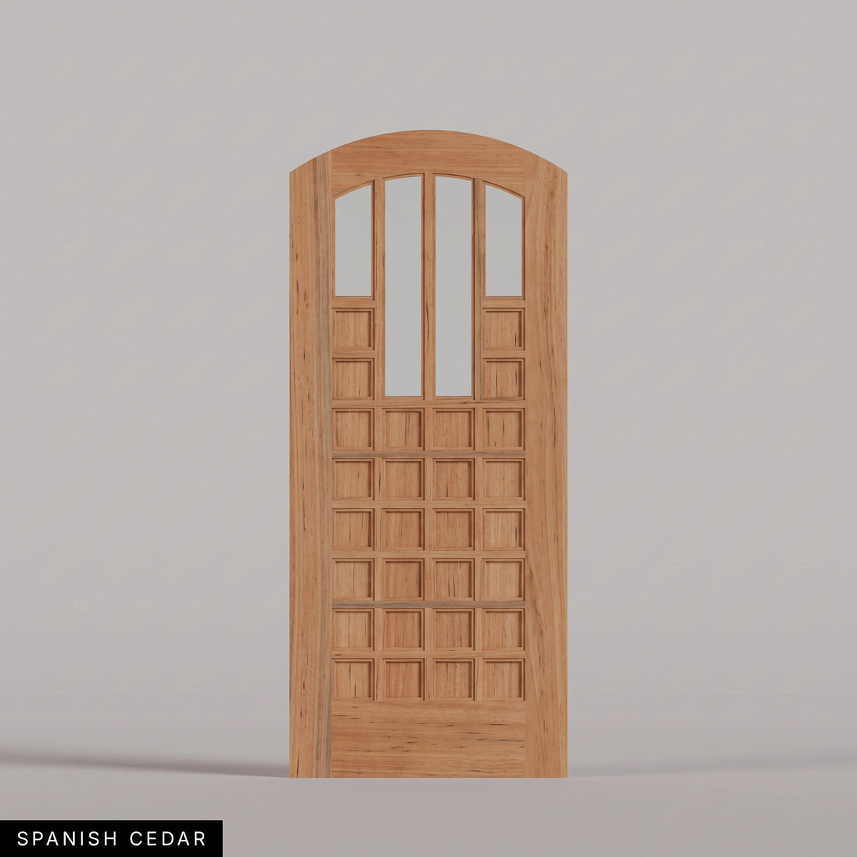 Murano arched door in Spanish Cedar, with four upper glass panels and a grid of wood panels. Labeled wood species view.