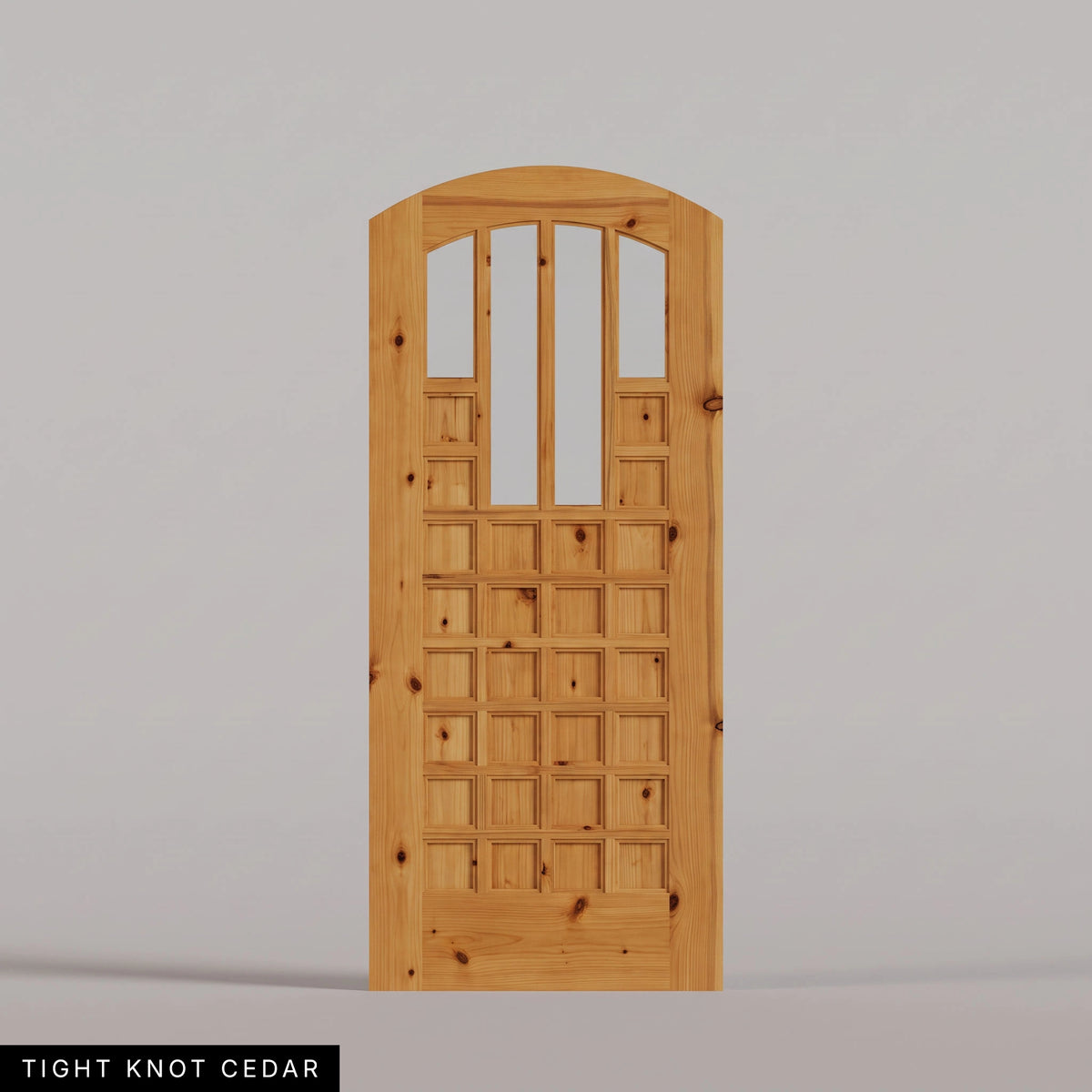 Murano arched door in Tight Knot Cedar, with four upper glass panels and a grid of wood panels. Labeled wood species view.